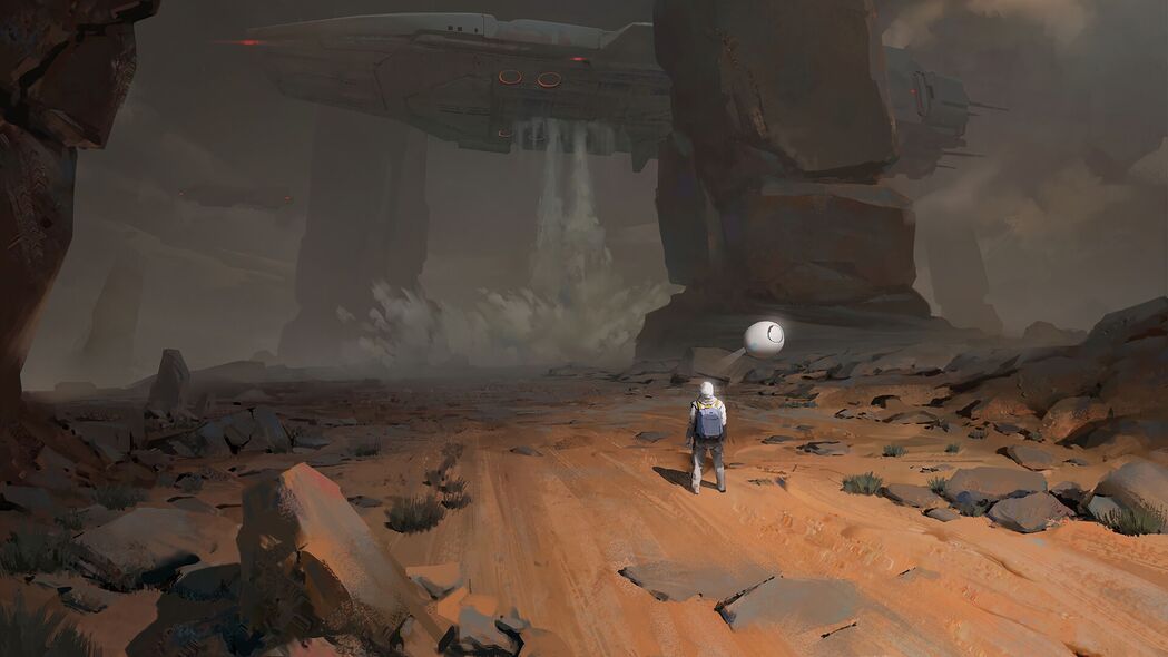 宇航员探秘宇宙，飞船穿梭岩石间，绝美艺术4K壁纸，高清3840x2160背景图免费下载