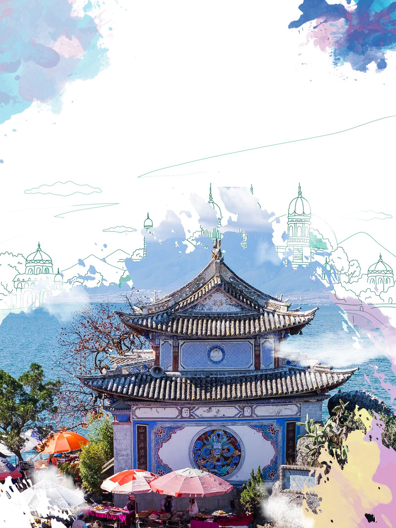 矢量大气风景建筑海报背景，唯美高清JPG/PSD素材下载