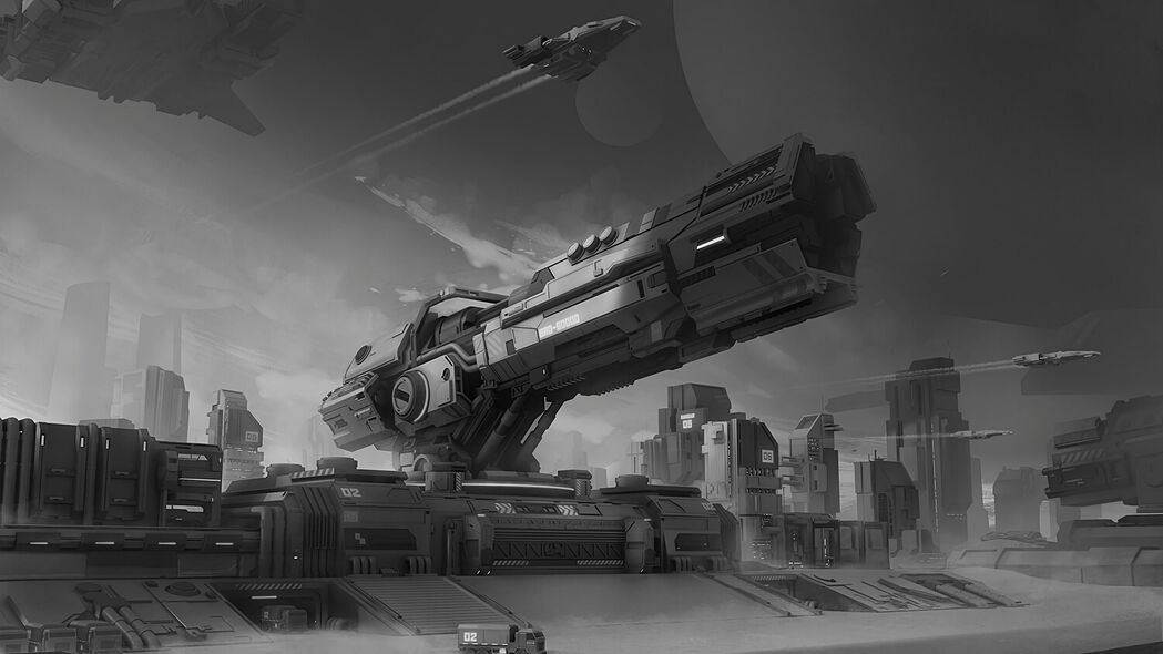 宇宙飞船幻想，科幻艺术黑白4K壁纸，超清3840x2160分辨率，免费下载