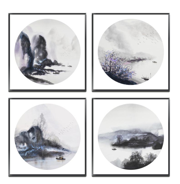 四联山水水墨画PNG透明素材，高清墨迹笔触，创意装饰元素免费下载