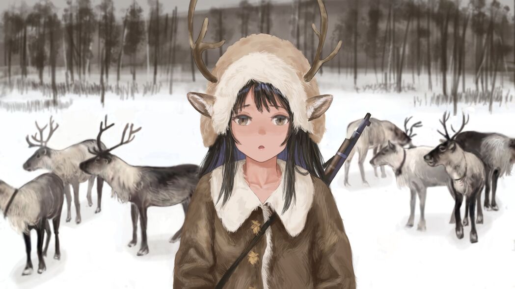 女孩与鹿角枪，绝美动漫艺术，4K高清壁纸3840x2160免费下载