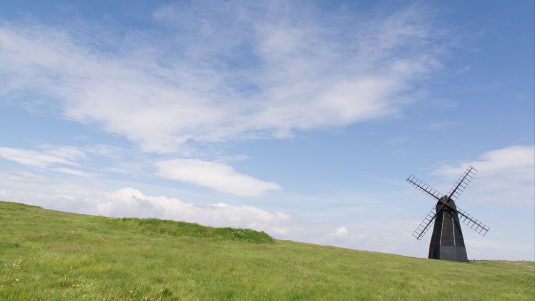 风车田野草地极简之美，4K高清壁纸，3840x2160超清背景图片下载