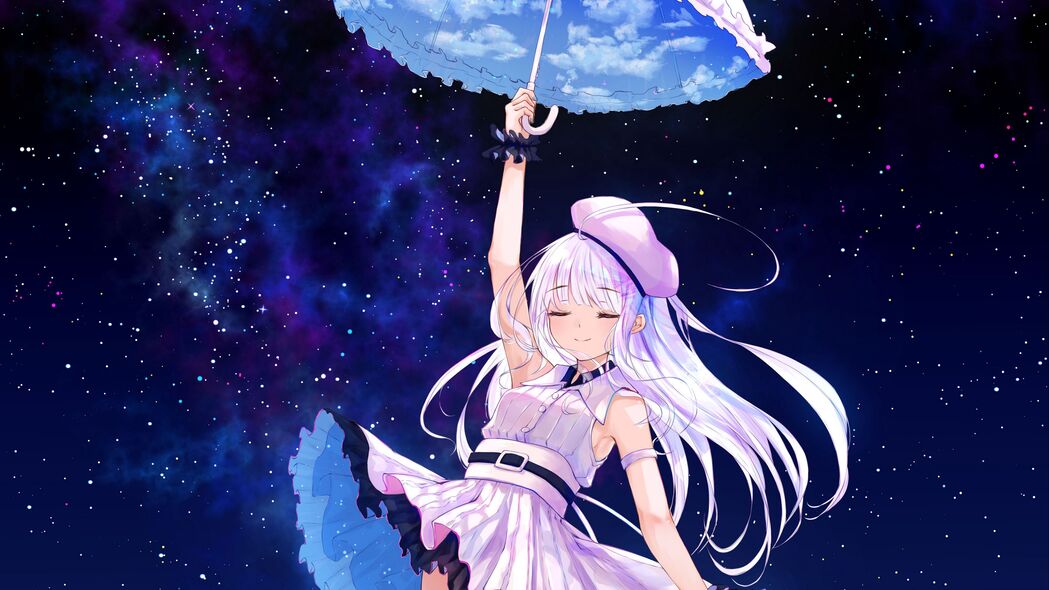 动漫女孩微笑星空，4K高清壁纸下载，3840x2160分辨率，雨伞点缀浪漫之夜