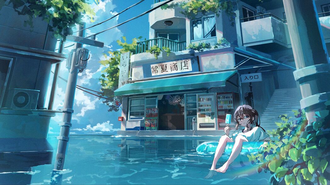 动漫女孩品冰淇淋，绝美建筑背景，4K超清壁纸下载（3840x2160）