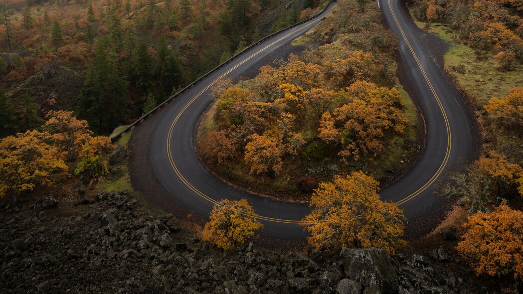 秋日曲线道路，树木掩映，自然美景4K壁纸，高清3840x2160风景图片下载