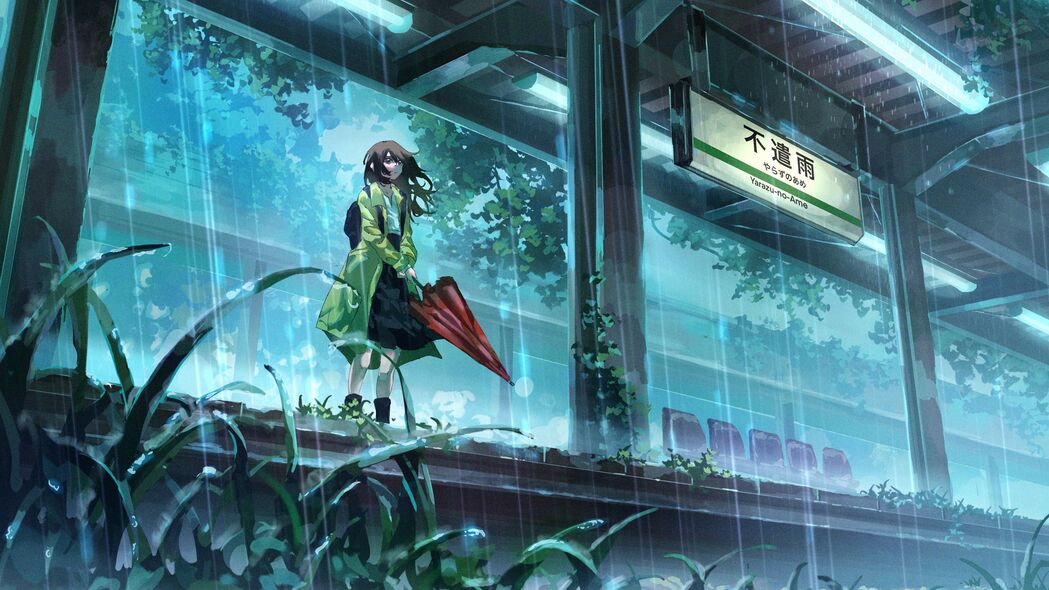 动漫女孩雨中撑伞唯美场景，4K超高清壁纸（3840x2160）免费下载
