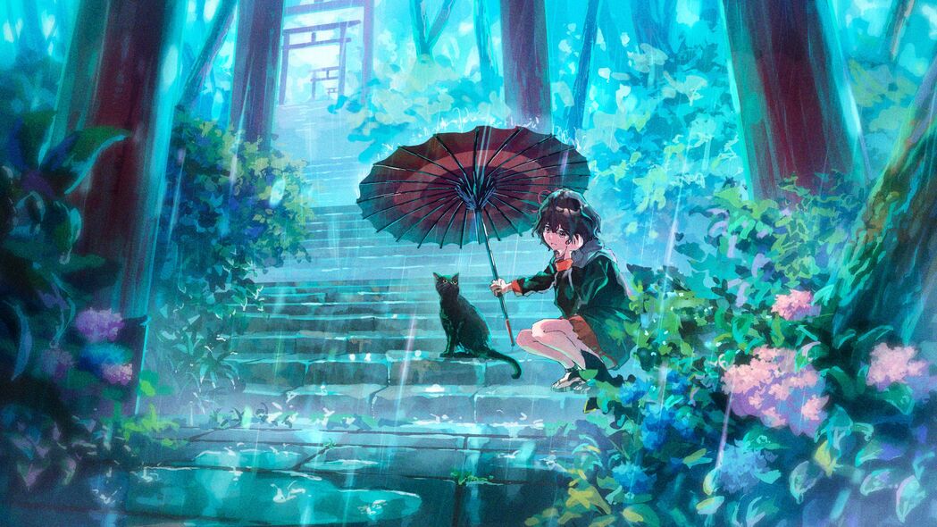 4K高清动漫壁纸，女孩与猫在雨中撑伞，精美背景图片免费下载
