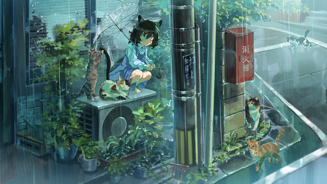 女孩Neko动漫壁纸，雨中撑伞，唯美4K高清背景图片下载