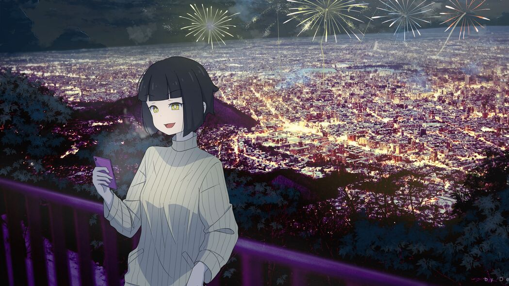 女孩微笑瞬间，手机捕捉烟花绚烂，4K动漫壁纸高清呈现，3840x2160分辨率下载
