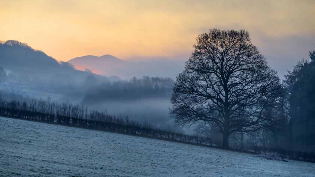 山坡雪景日出雾景，自然之美尽展眼前！4K高清壁纸，3840x2160分辨率，免费下载！