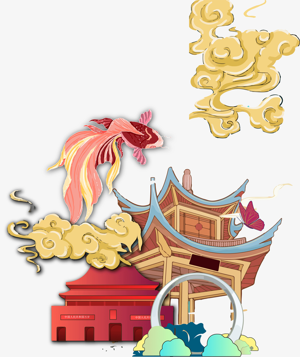 手绘古风建筑PNG素材，高清透明图片，卡通元素设计下载