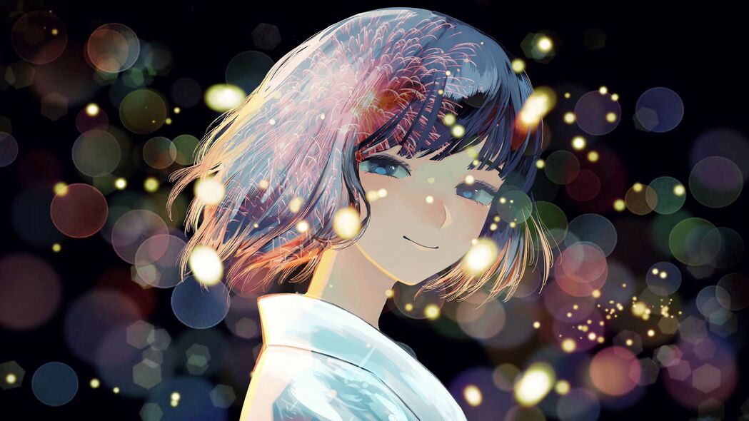 女孩微笑如花，火花烟花绚烂，精选4K动漫壁纸，3840x2160高清下载