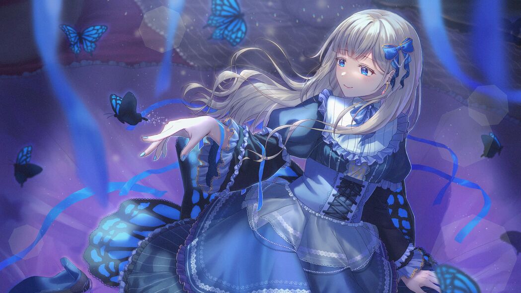 蓝色动漫女孩连衣裙蝴蝶艺术4K超清壁纸，3840x2160高清下载