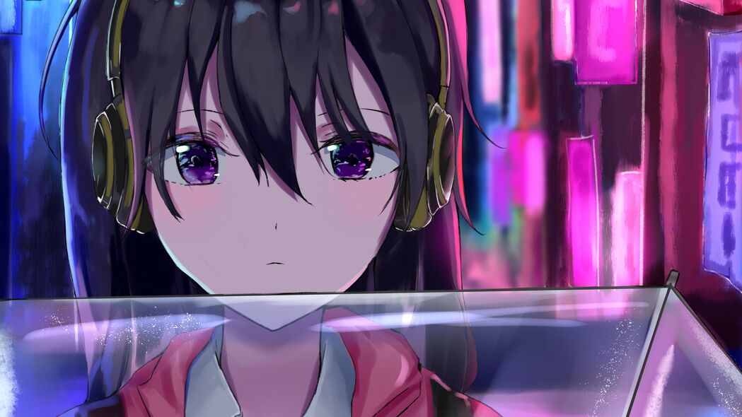 女孩耳机标志霓虹灯动漫风格，超高清4K壁纸（3840x2160）免费下载