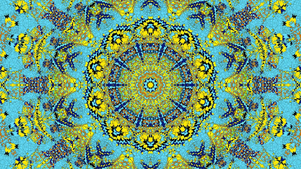 分形万花筒抽象艺术，蓝黄交融4K壁纸，高清3840x2160背景图片下载