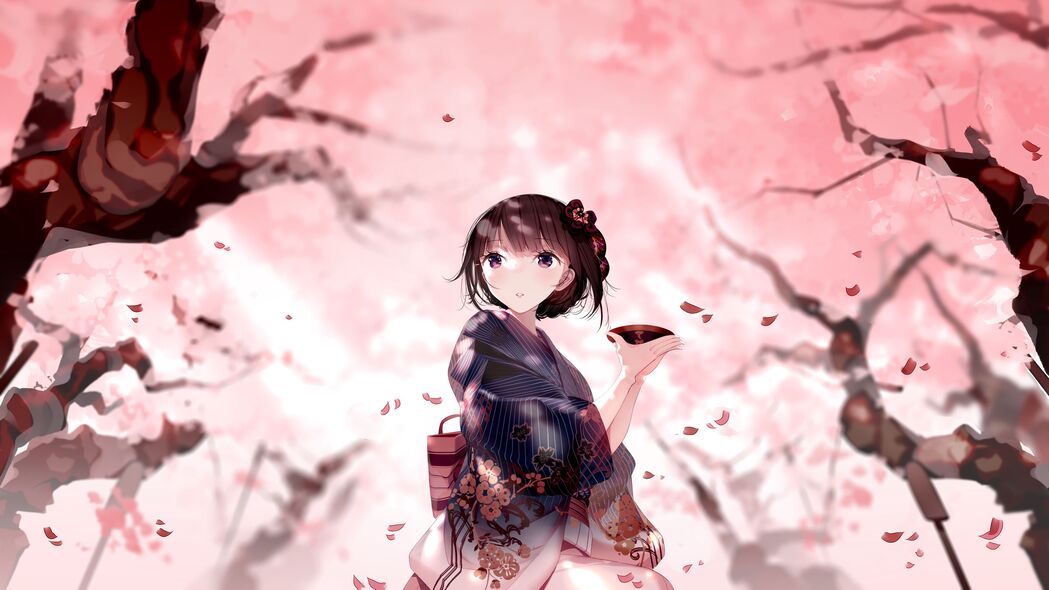 高清4K动漫壁纸，女孩穿和服，盘子洒满花瓣，日本风情浓郁，3840x2160分辨率免费下载