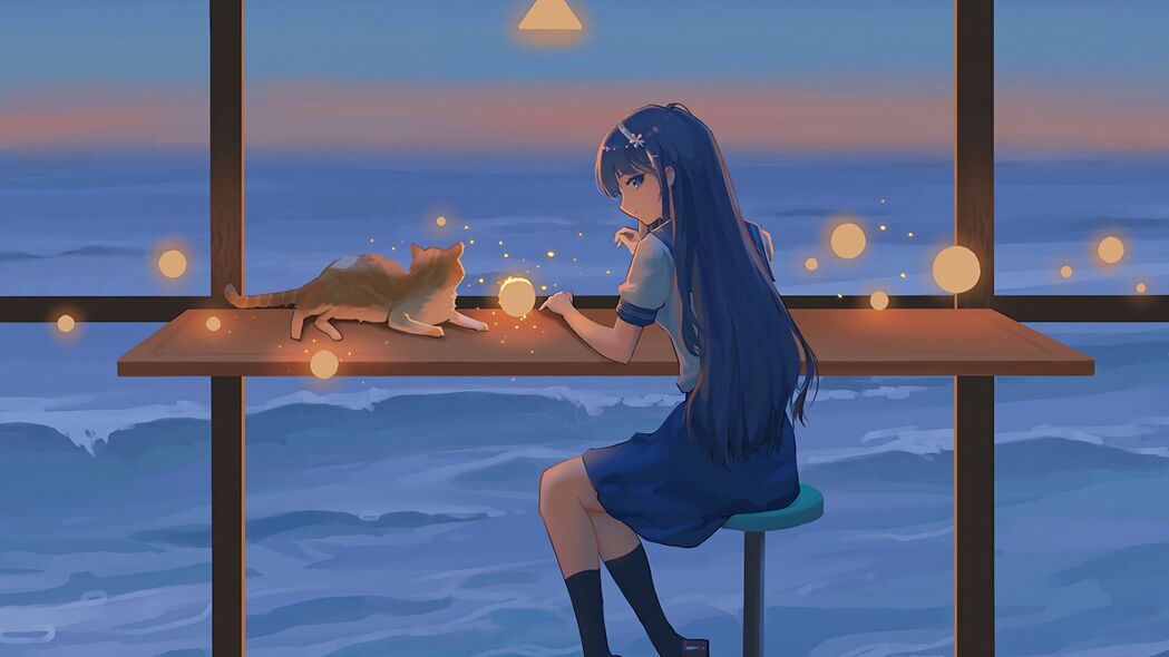 女孩与猫共舞黄昏，动漫火花绽放！4K高清壁纸，3840x2160免费下载