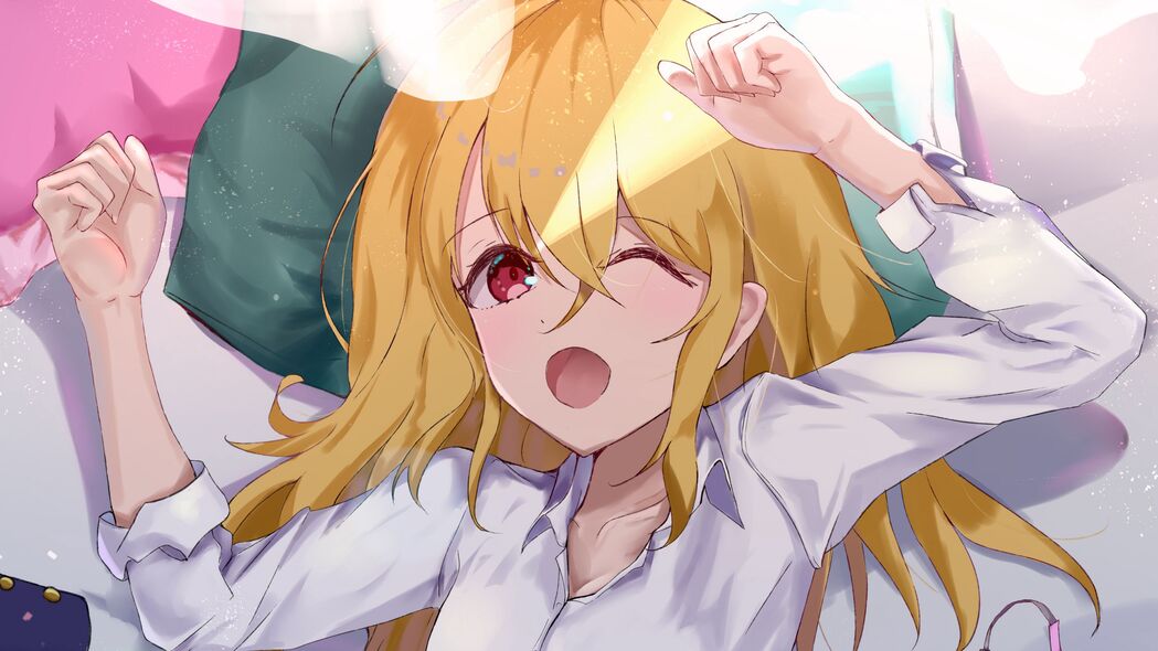 高清4K动漫壁纸下载，女孩衬衫床景，3840x2160超清画质