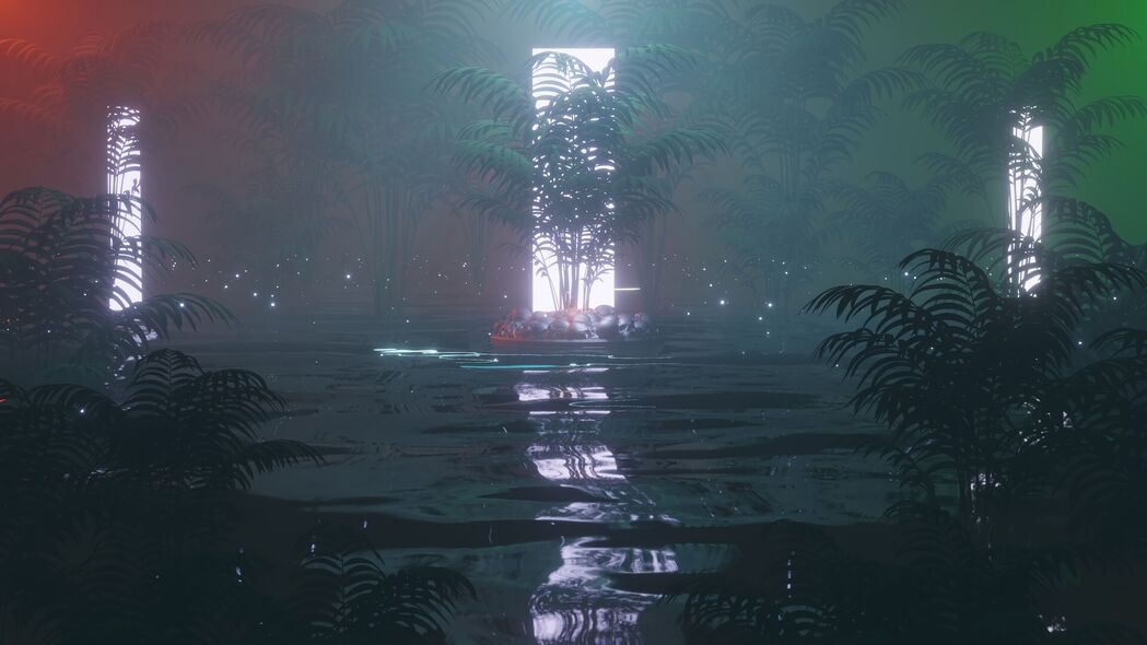 4K高清壁纸，深色水树叶植物霓虹灯头骨背景，3840x2160免费下载
