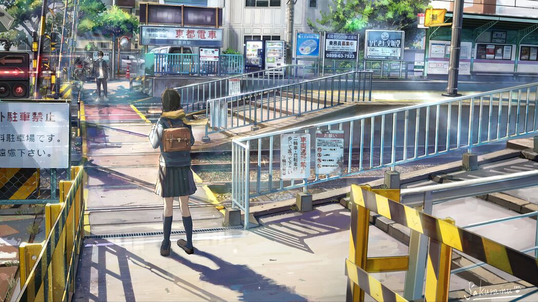 女孩动漫之旅，4K高清女学生背包铁路艺术壁纸，3840x2160免费下载