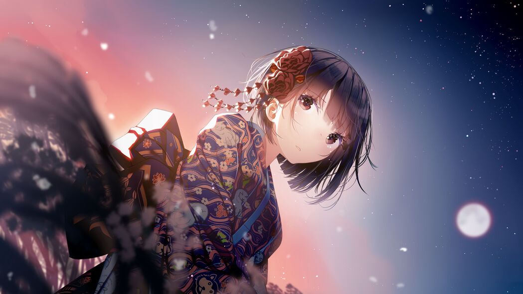 女孩和服花间一瞥，绝美4K动漫壁纸，3840x2160高清下载