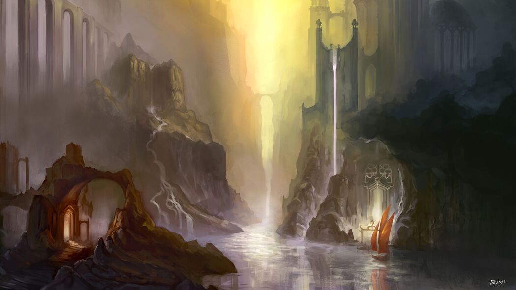 幻想艺术中的废墟与河流美景，4K超高清壁纸，3840x2160分辨率免费下载