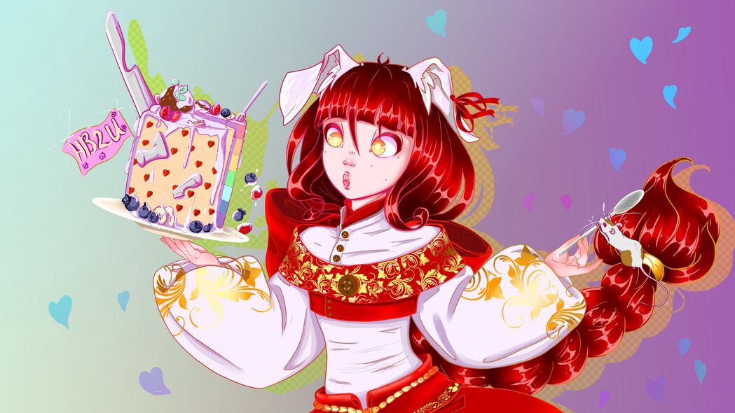 动漫艺术之美，狗女孩与猫的蛋糕时光，4K超清壁纸免费下载（3840x2160）