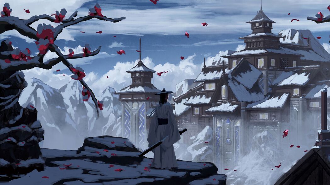 武士剑舞雪城堡，绝美艺术4K壁纸，高清3840x2160背景图片下载