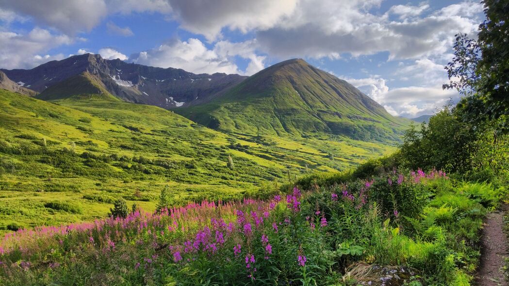绝美山脉山谷花草风景，高清4K壁纸，3840x2160分辨率，一键下载！