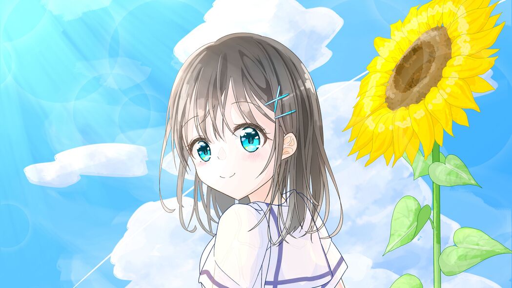 夏日女孩与瓶中向日葵，4K动漫艺术壁纸，高清3840x2160免费下载