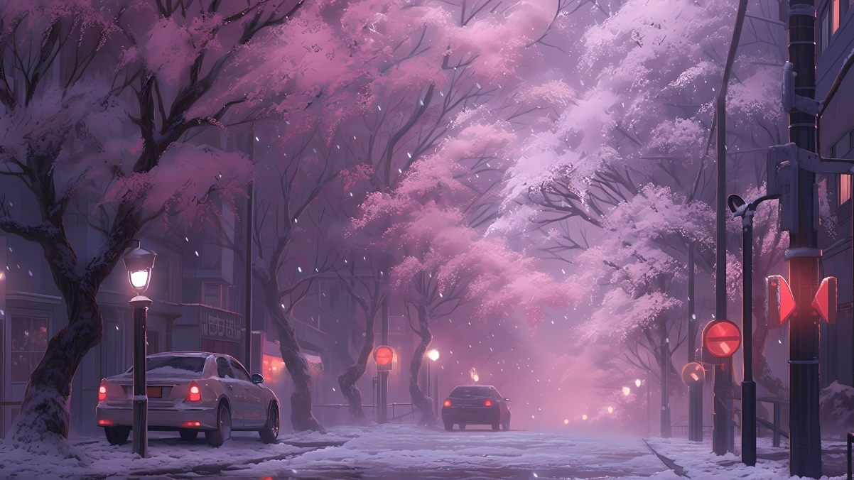 冬日雪暮街景，高清动漫风光4K壁纸，超清3840x2160下载
