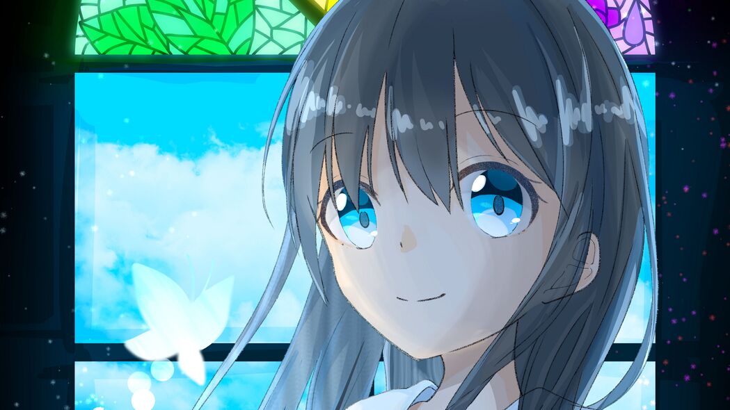 动漫女孩窗边倩影，彩色玻璃梦幻背景，可爱4K超清壁纸（3840x2160）免费下载