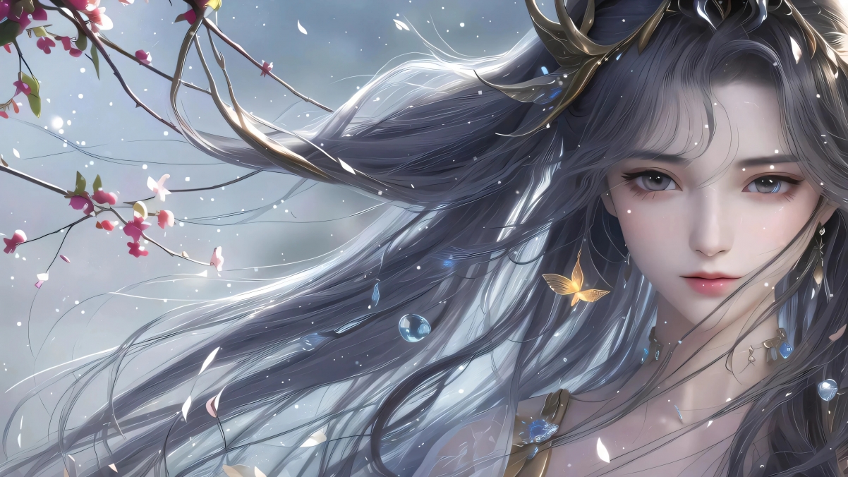 古风美女长发头饰花卉4K高清壁纸，3840x2160动漫美图下载
