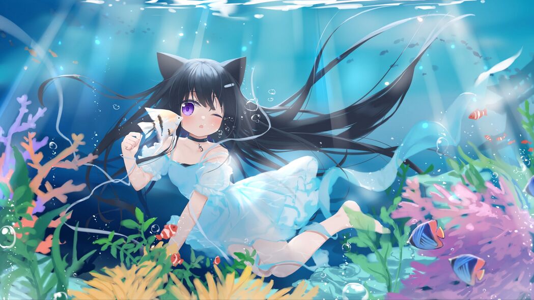 女孩Neko遨游海底动漫世界，4K超高清壁纸，3840x2160精美下载