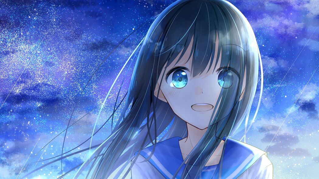 女孩微笑星辰梦，蓝色动漫艺术渲染，4K超高清壁纸3840x2160下载