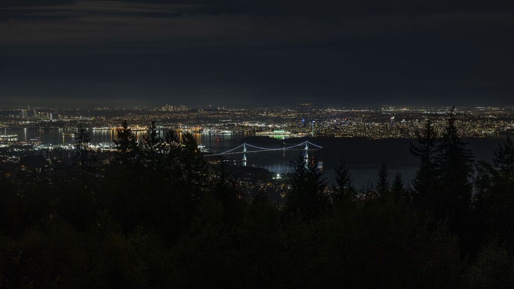 夜城桥梁璀璨灯光，鸟瞰河流美景，深色4K高清壁纸，3840x2160超高清下载