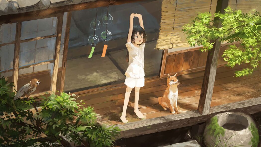 清晨微笑女孩与萌犬，4K高清动漫宠物壁纸（3840x2160）免费下载
