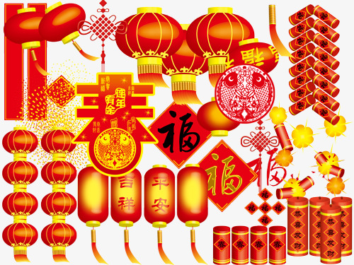 灯笼福字鞭炮PNG素材，高清透明节日元素，元旦春节元宵PSD设计下载