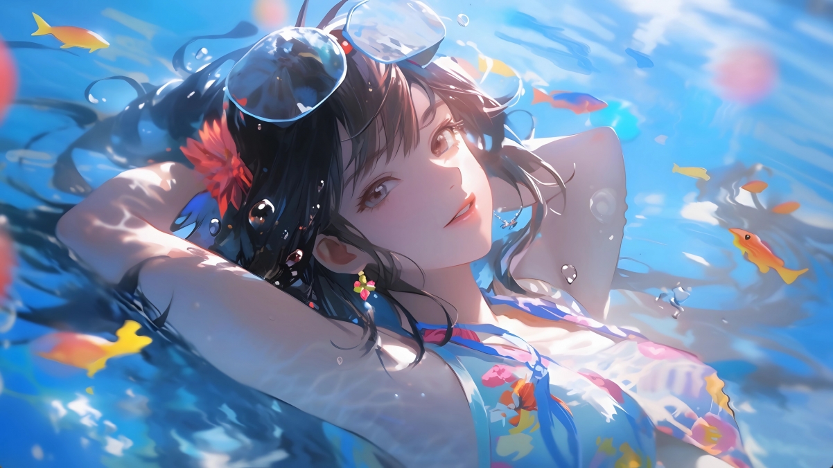 泳池倩影，美女泳装4K动漫壁纸，高清3840x2160精美下载