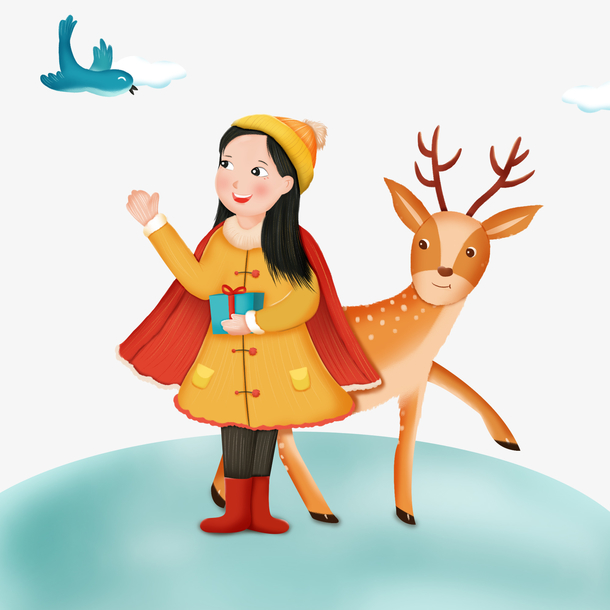 卡通手绘圣诞鹿女图，高清PNG透明素材，节日元素一网打尽！