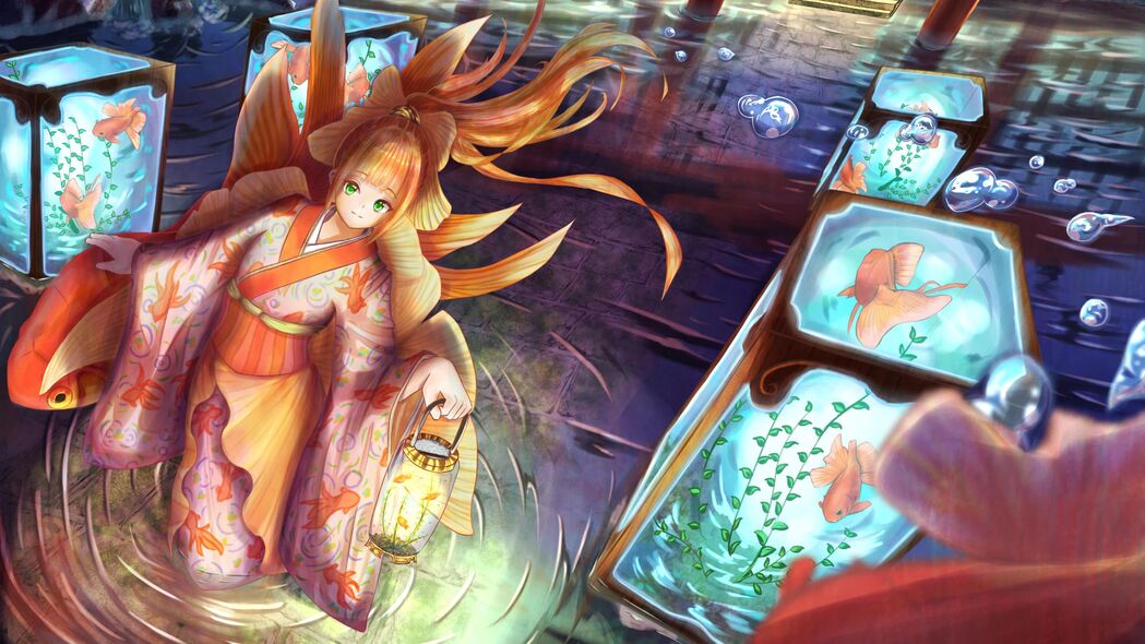 女孩和服灯笼，梦幻水下世界，动漫艺术4K壁纸，高清3840x2160下载