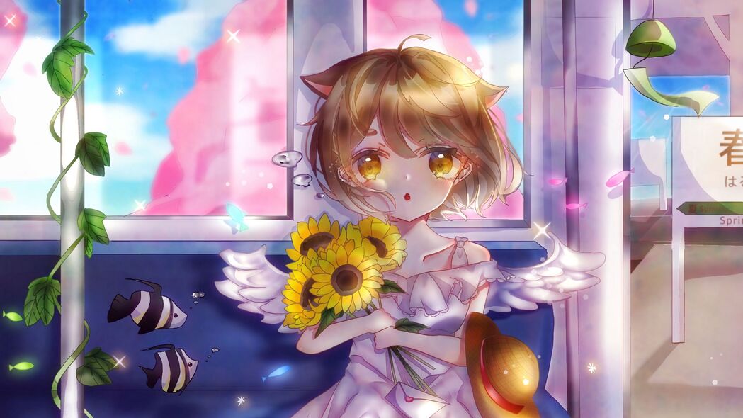 Neko天使向日葵花束动漫艺术，超清4K壁纸，3840x2160高清下载