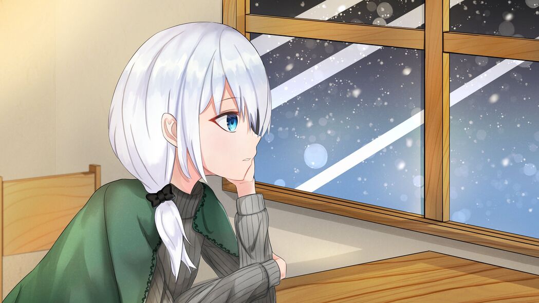 女孩倚窗赏雪，冬日舒适瞬间，动漫4K高清壁纸3840x2160下载