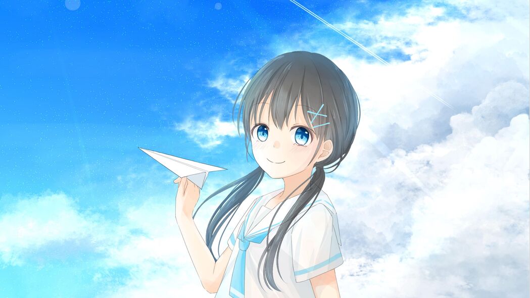 夏日女孩飞翔梦，动漫艺术4K超清壁纸，大海与飞机共绘3840x2160美景