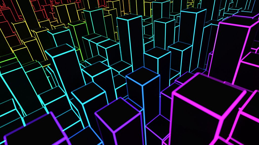 3D方块线条体积壁纸，高清4K黑色彩色背景图片，3840x2160免费下载