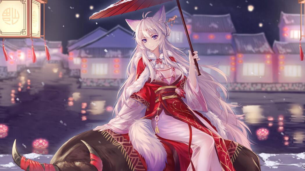 新年女孩，和服飘逸，耳旁细雨，4K超清动漫壁纸3840x2160