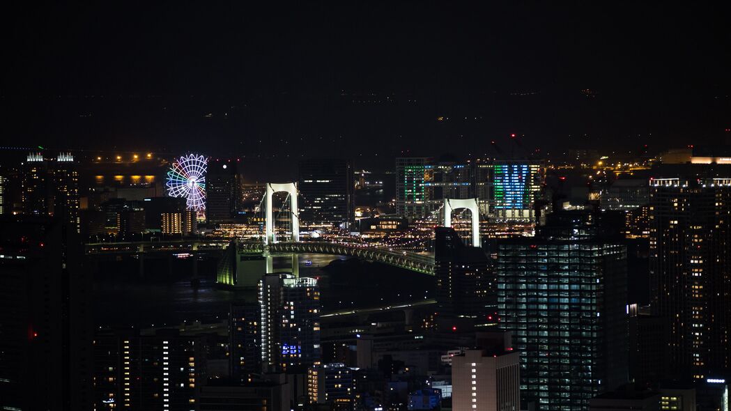 夜城鸟瞰，摩天轮与建筑之美，4K高清壁纸下载（3840x2160）