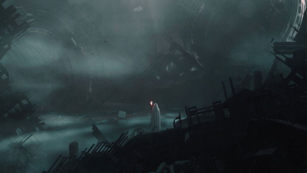 幽灵剪影映废墟，火炬点亮4K壁纸，高清3840x2160背景图片下载