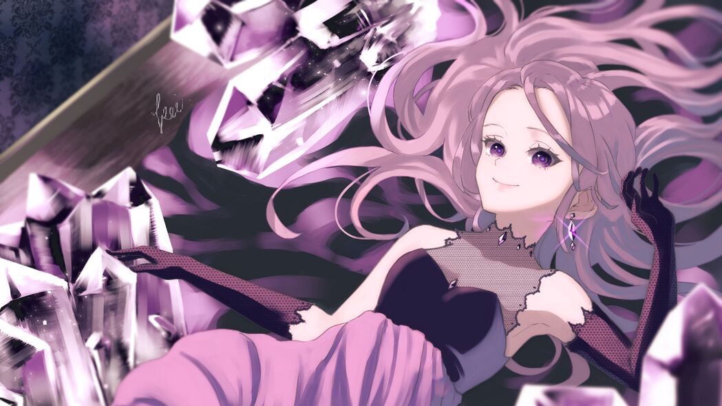 动漫女孩微笑瞬间，紫色水晶艺术4K超清壁纸，3840x2160高清下载