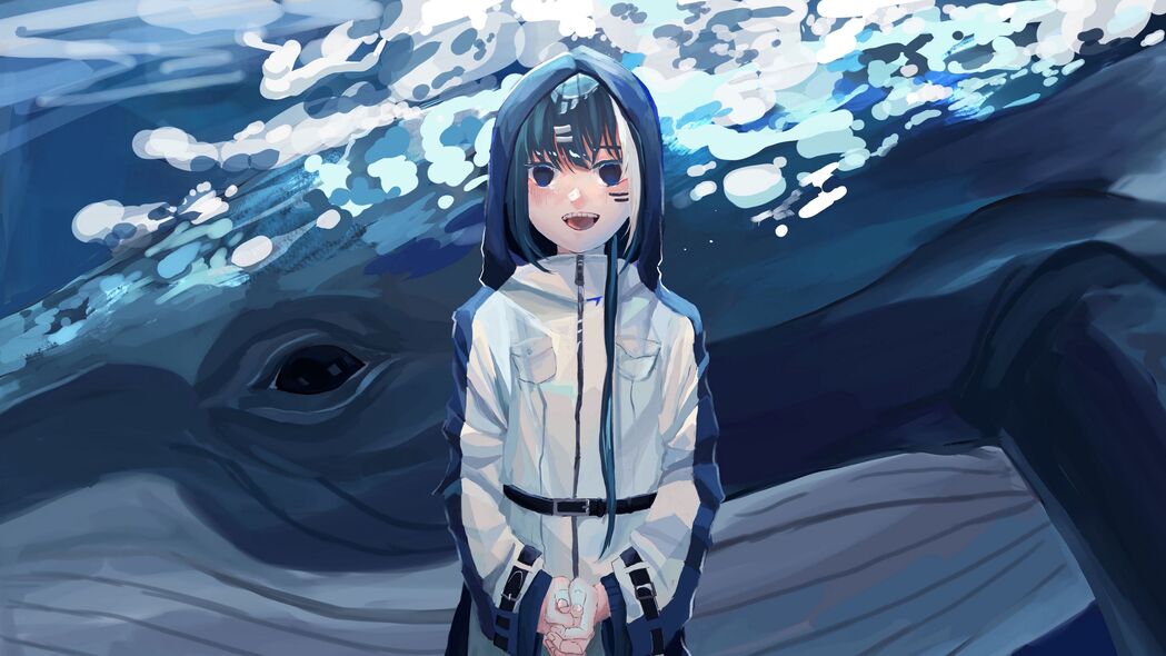 女孩微笑兜帽动漫艺术，精选4K高清壁纸，3840x2160超清下载